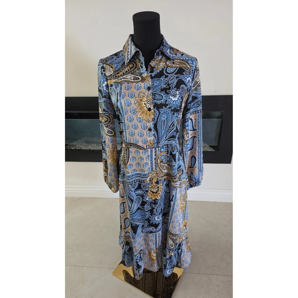 Jones NY Women Paisley Patchwork Ruffle Hem Shirt Dress Blue XS boho chic preppy